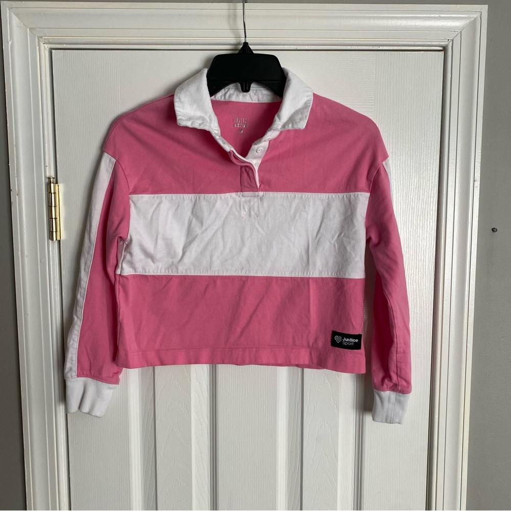 Justice Active Girls Cropped Rugby Long Sleeve Shirt 10 Pink White Colorblock
